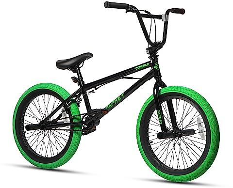 cubsala Freestyle BMX Bike, 20 Inch Yaphet Bicycle for Teen Beginner Adult Riders, Bike with 360° Rotating Handlebar and 4 pegs, Black with Green Tires