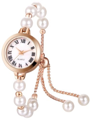 JewelryWe Damenuhr Kleine Perlen Uhren: Elegant Perlenuhr Analog Quarz Armbanduhr Damen Verstellbar Schmal Perlenarmband Metallarmband Lässige Uhr mit Römischen Ziffern Muschel-Zifferblatt Rosegold