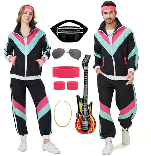 KUKIKUKI Costume de Tracksuit 80S pour Homme Femme Retro 90s Costume Outfit Disco Tracksuits Hip Hop Sports Suit Set (Noir, L)