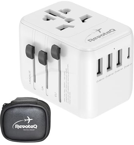 Adaptateur de Prise Universel RevoteQ avec 3 Ports USB et 1 Port Type C Adaptateur de Voyage pour États Unis Royaume Uni Japon Italie Canada France Chargeur Universel Compact avec Sac