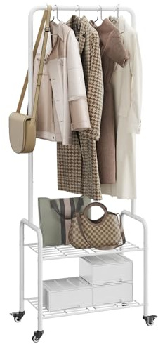 YMYNY Perchero Burro Independiente, Burro de Ropa con Ruedas, Perchero de Metal, Barra Colgante de 61CM de Ancho, con 2 Niveles, 2 Ruedas Bloqueables, para Dormitorio 61×32×176CM Blanco HGR002W