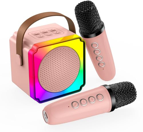 Karaoke Maschine Kinder mit 2 Mikrofon von MMOBIEL – Mini Karaoke Maschine, Tragbare Bluetooth Lautsprecher, 2 Mikrofon Kabellos – Spielzeug 3+ Jahre, Geschenke für Mädchen, Junge, Kinder – Rosa
