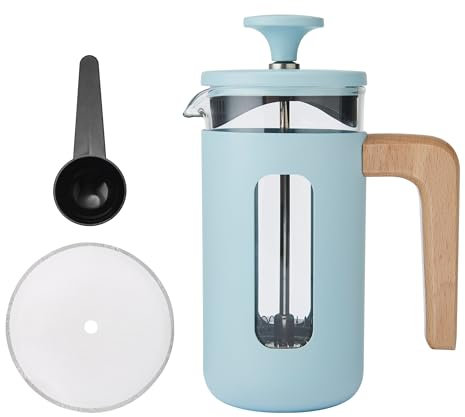 La Cafetière Pisa Cafetière 3 Tasses, Cadre et Piston en Acier Inoxydable Durable, Résistant à la Chaleur, avec Poignée Élégante en Bois Naturel, Piston à Café Polyvalent, 350 ml, Bleu Ciel