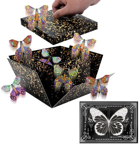 Boîte cadeau surprise explosion avec 4 papillons volants, boîte d'anniversaire avec carte de félicitations, boîte d'anniversaire papillon pour anniversaires, mariages (noir)