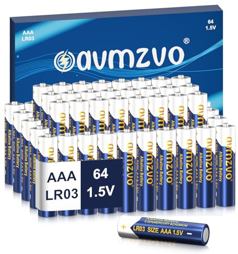 avmzvo batterier AAA, LR03-batterier 64 stycken 1,5 V, alkalisk, hållbar kraft, kraftfull, kan användas för leksaker, väckarklockor och andra elektroniska enheter 【10 års garanti】