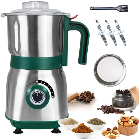 Spice Grinder Electric,Herb Nut Grinder for Kitchen,Detachable Espresso Grinders with Stainless Steel Blades,Filter and Brush, 500w Dry and Wet Grain Mill for Coffee,Rice,Bean,Seasoning (Green-X)