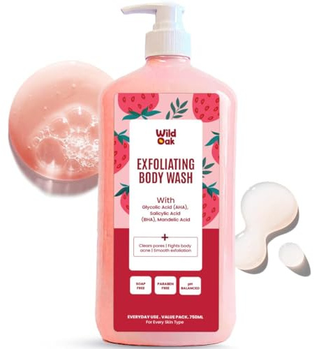 AHA BHA Exfoliating Body Wash | 750ml Value Pack | Salicylic, Mandelic, Glycolic Acid & Probiotics | Shower Gel | Body Acne, Strawberry Skin, Ingrown Hair & Uneven Texture | Non-Drying Formula