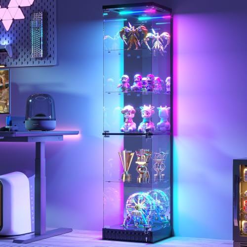 Gurexl 67″ RGB Glass Display Cabinet with Lockable for Bedroom,Black