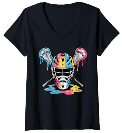 Women's Colorful Dripping Helmet Lacrosse Sports V-Neck T-Shirt