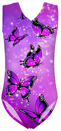 Biyejit Mädchen Einteiler Badeanzug Gymnastik Trikot für Kleine Tanzen Athletic Trikot für 3-14 Jahre Kinder, rosa Schmetterling (Pink Butterfly), 11-12 Jahre