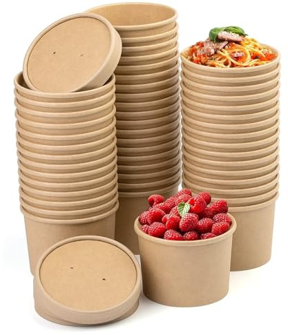 BUOKKON 50 Pack Ice Cream Containers, Soup Containers with Lids, Disposable Cups with Lids, Brown Kraft Soup Cups Paper Bowls Takeaway Tubs for Dessert (12oz / 350ML)