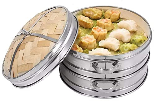 Vaporiera in bambù fatta a mano da 8,7 pollici, cestelli a 2 livelli - Vaporiera in bambù impilabile con bordo in acciaio inossidabile per una cucina sana