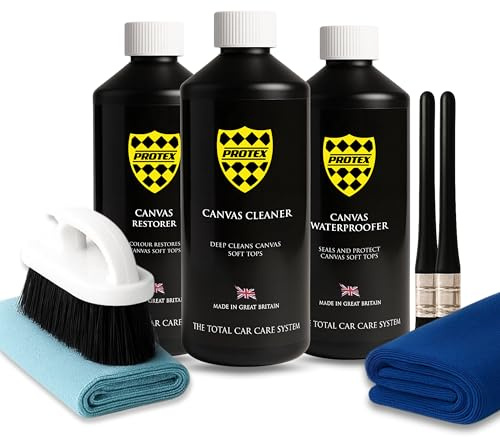 PROTEX Convertible Soft Top Care Kit with Canvas Cleaner, Restorer (Black) & Waterproofer - 1Ltr., Giant Microfibre Towel, Brushes and Microfibre Clothes - COMPLETE KIT