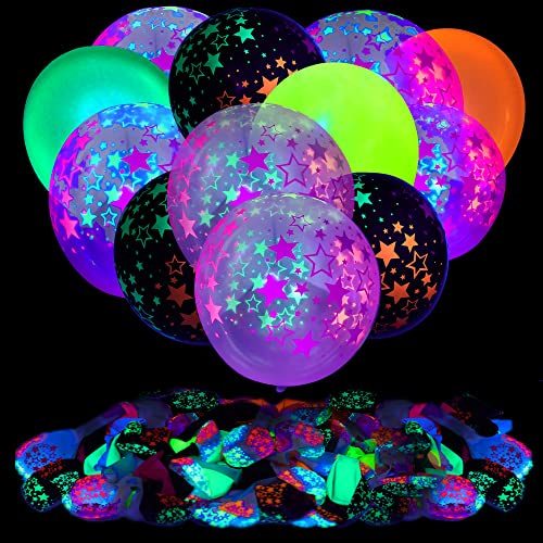 90 Globos de Neón UV, Estrellas de Neón, Globos Luminosos Negros UV que Brillan en la Oscuridad para Decoraciones de Cumpleaños, Suministros para Fiestas, Globos Fluorescentes Reactivos para Bodas