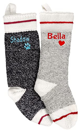 GoTags Personalized Christmas Stocking for People and Pets, Organic Wool Stocking Custom Embroidered with Name and Paw Design for Dog or Cat (Light Gray)