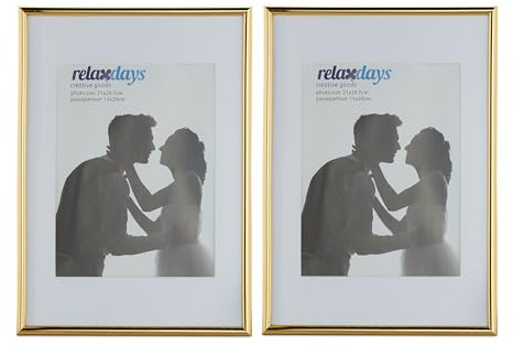 Relaxdays Set 2 Marcos Fotos A4, Cuadro para Certificados, Gráficos, para Pared o Sobremesa, Paspartú, Placa Vidrio, Dorado