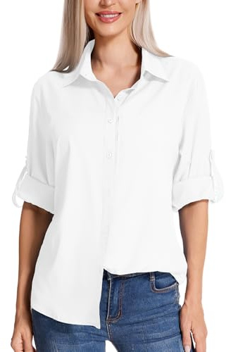 Mosingle - Camisa de safari para mujer, protección solar, secado rápido, ligero, manga larga, blusa de viaje para mujer, senderismo y camping, 5019# Blanco, S