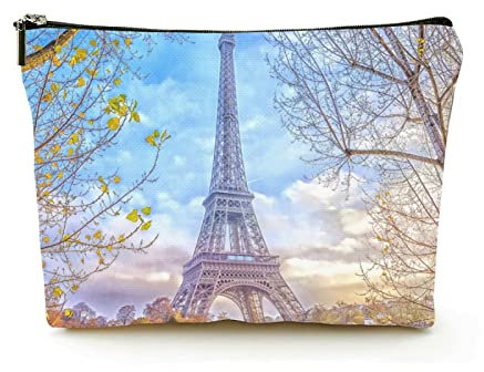 Trousse de Maquillage Femmes Sacs à cosmétiques de Voyage en Lin pour Voyage d'affaires, Tour Eiffel à Paris France, Belle Pochette de Maquillage