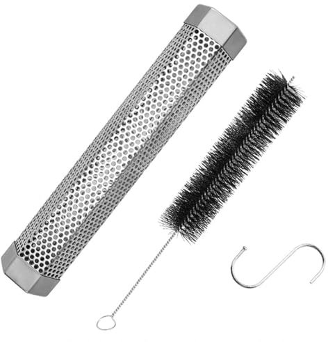 CLKE Pellet Smoker Tube, 12'' Stainless Steel Smoke Tube BBQ Smoke Box, Barbecue Smoker Metal Outdoor Cooking Accessories for Any Grill or Smoker, with 2 S Shape Hooks