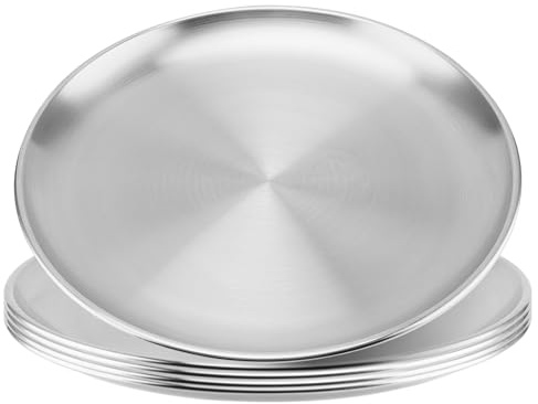 CHUENKUK 5 platos redondos de acero inoxidable, platos de acero inoxidable, 26 cm, bandeja para hornear pizza