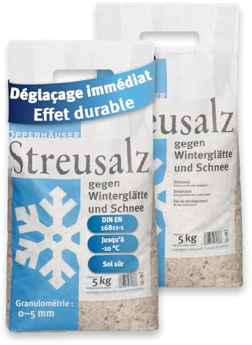 OPPENHÄUSER Sal para deshielo 10kg: deshielo inmediato y duradero, sal para eliminar el hielo y la nieve, streu invernal para aceras, accesos y aparcamientos, grano M, DIN EN 16811-1, de alta calidad