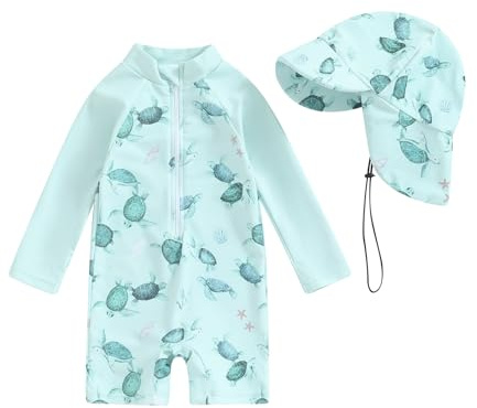 Loalirando - Traje de baño de 2 piezas para niño con protección UV, mono con cremallera de mangas largas estampado + sombrero de ala ancha, verde claro, 3-6 meses