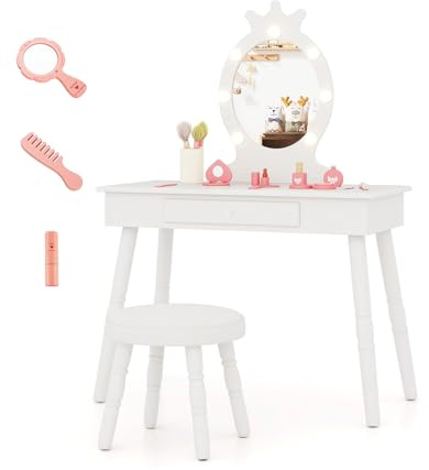 COSTWAY Set Toeletta Trucco per Bambina con Sgabello, Specchiera Trucco Staccabile con Luci LED a 3 Colori, Postazione Trucco Giocattolo con Cassetto e Accessori, per Bambine di 3-7 Anni (Bianco)
