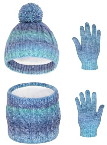 Waylipun Cappello Invernale per Bambini Guanti Sciarpa Set, per Bambini 2-7 Anni Berretto Cappelli in Maglia con Pompon Scaldacollo Guanto per Ragazze Ragazzo, Set di Accessori Invernali