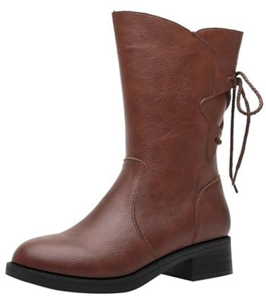 Botas de piel para mujer, botas de equitación, botas occidentales, botas de mujer, botas de motorista, botines de piel sintética, botines de otoño, invierno, botas de trabajo, medias botas, marrón, 38