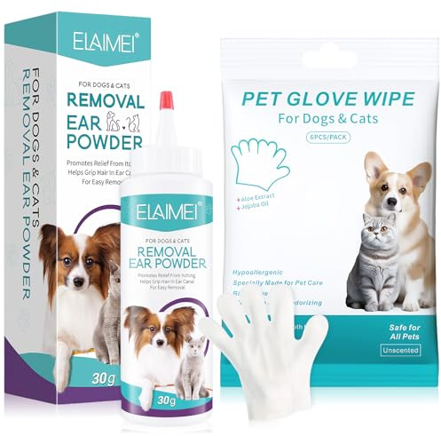 Nettoyant Oreille Chien, Gant pour Animaux de Compagnie, Poudre pour Les Oreilles des Chiens, Gants sans Lavage pour Animaux, Gant de Nettoyage, Élimine Les Odeurs, pour Tous Les Chiens et Chats