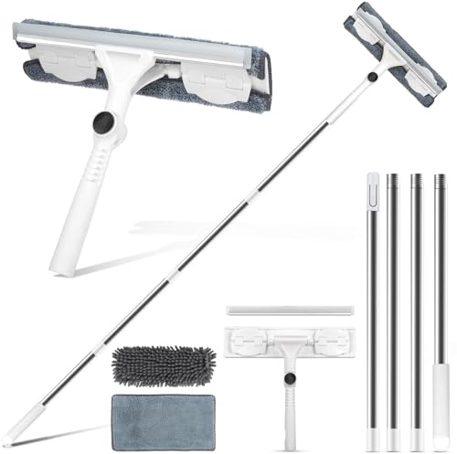 Limpiacristales con Mango Extensible, Kit Limpiacristales Profesional 2 en 1 con Mango Extensible 168cm, Cabezal Giratorio, Escobilla de Silicona y Paños de Microfibra/Chenilla para Ventanas, Ducha