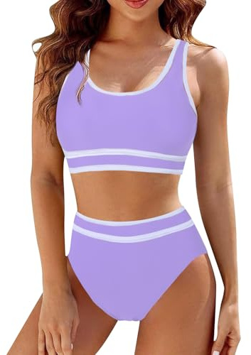 Mayoii 2 Piece Swimsuit for Women Bikini Set High Waisted Bottom Padded Push Up Top Tummy Control Swimwear Swimming Costumes Bathing Suit (UK, Alpha, M, Regular, Regular, Purple)