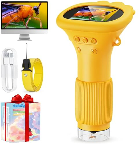 Microscopio para niños, Ashfly 1000X - Microscopio de Bolsillo con Pantalla IPS de 2,0 (USB Microscope, 8 Luces LED, conexión a PC, Mini microscopio Infantil para Juguetes de Pascua), Color Naranja