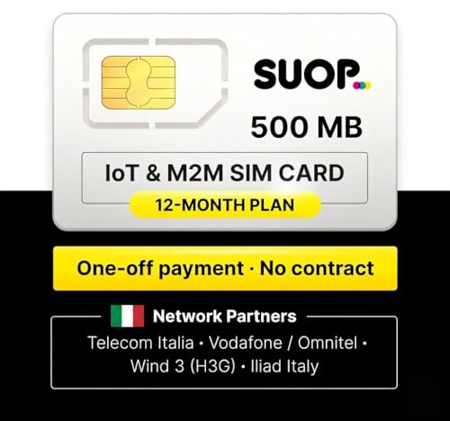 SUOP Carte SIM IoT & M2M | Forfait 12 Mois (500 Mo/Mois) | Prépayé avec paiement Unique annuel. sans Frais mensuels | Couverture européenne 4G multiopérateur | Alarmes, GPS et appareils connectés