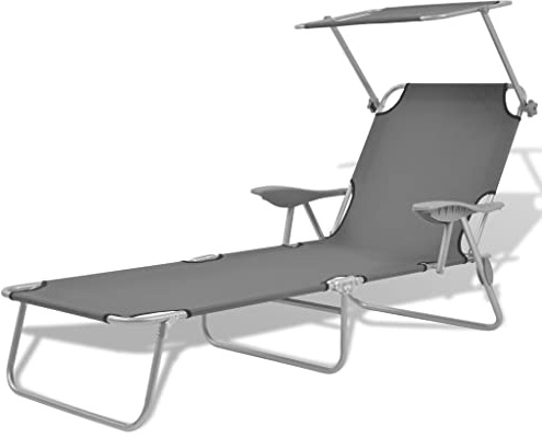 Foknhdi Lettino da giardino con tettuccio parasole, pieghevole, regolabile, in acciaio, con braccioli, 189 x 58 cm, sdraio a tre gambe, per balcone, terrazza e giardino, portata fino a 120 kg, grigio