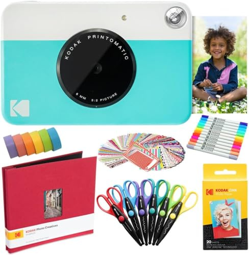 KODAK Printomatic Instant Camera (blå) konstpaket + zink papper (20 ark) + 8 x 8 tyg klippbok + 12 tvillingspetspennor + 100 kantklistermärken + 6 dekorativa saxar + washitejp