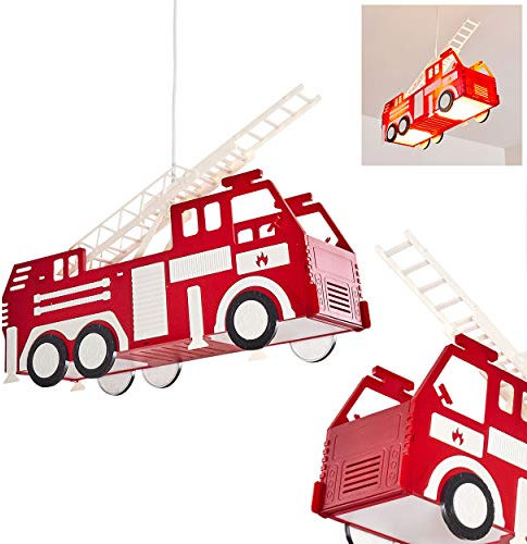 Pendelleuchte Praya, rotes Feuerwehrauto als Hängelampe aus Kunststoff für das Kinderzimmer, 2 x E27, Feuerwehr Hängeleuchte, ohne Leuchtmittel