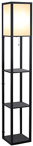 HOMCOM Floor Lamp with Shelves and Top Light, Modern Corner Standing Lamp with TC Fabric Lampshade for Living Room, Bedroom, Bulb not Included, Black