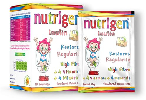 Nutrigen Inulin Prebiotic Fiber with Vitamins C, D, E, Folic Acid, Iodine, Magnesium, Selenium & Chromium • Gut Health • Bowel Regularity • Convenient Drink Mix • 10 Sachets
