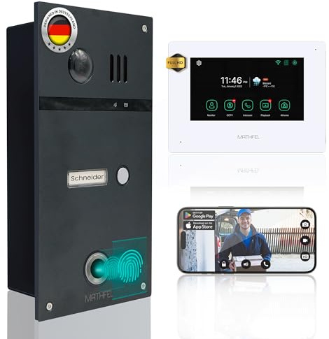 MATHFEL 4 Draht Video Fingerprint Türsprechanlage Gegensprechanlage Fischaugenkamera 170 Grad Außenstation, Größe: 1x7'' Monitor in weiß mit WLAN