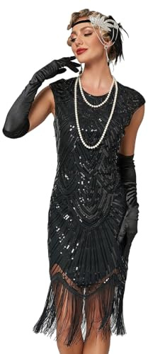 Viloree Vestido de mujer estilo años 20 con cuentas, de estilo deco flapper, vintage inspirado en El Gran Gatsby, con lentejuelas y flecos, Negro, M