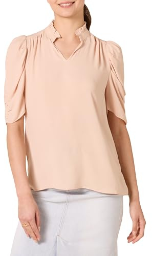 Amazon Essentials Camicetta in Tessuto Georgette Leggero con Scollo con Volant e Mezze Maniche Donna, Rosato, S