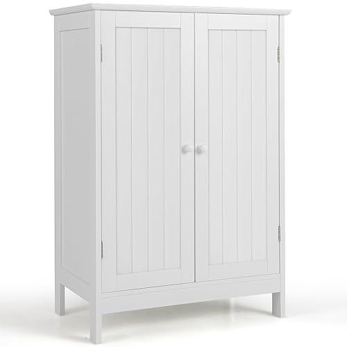 COSTWAY Bathroom Floor Cabinet, Freestanding Storage Cupboard with Adjustable Shelves, Wooden Side Cabinet Organizer Unit for Bathroom Living Room Hallway (White)