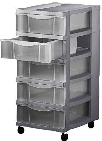 Schubladenschrank mit 5 Schubladen und Rollen Rollwagen Rollcontainer Bürocontainer rollbar Kommode Organizer aus recyclebarem Kunststoff Aufbewahrungssystem für Küche Bad Wohnzimmer Büro