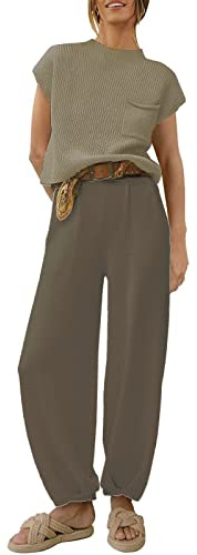 Trajes de dos piezas para mujer, conjuntos de suéteres de punto, jersey, pantalones superiores, trajes informales, manga corta, bolsillos, ropa de salón de color liso, marrón, XXL