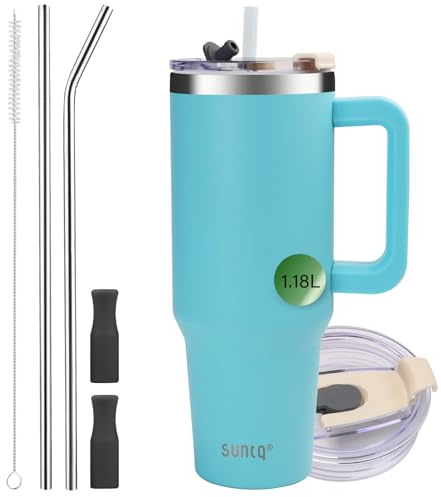 SUNTQ 1180ml/40oz Tumbler mit Griff, Doppelwandige Vakuum Isolierte Wasserflasche mit Stroh und Deckel, Edelstahl Reise Kaffeebecher, Thermische Tasse für Getränke, Fit in Becherhalter(Hellblau)