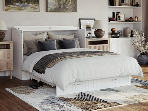 AFI Cottage Style Queen Size Murphy Bed Chest with Mattress, Storage, and Built-in Charger in White