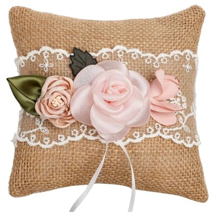 Easnea Sackleinen Ringkissen, Rustikales Ringträger Kissen, Jute Hochzeit Ringkissen Blume Ringkissen Spitze Ringkissen für Hochzeitszeremonie Party (Kissen, Rosa)