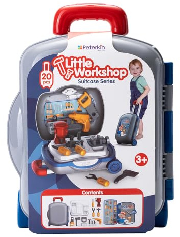 PETERKIN | Little Workshop Wheelie Case Toy | 20 piece, brightly coloured, workshop tool kit in a 34 cm wheelie case with retractable handle | Roleplay Toys | Ages 3+