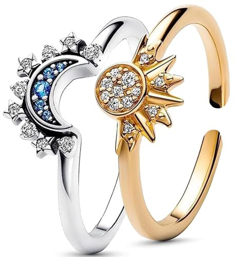 Uwiyo Sonne Mond Ring Set, Verstellbar Gold Silber Frauen Ringe, Matching Freundschaftsringe, Damenring Dupes Schmuck Geschenk für Frauen (Gold Sun + Silber Moon)